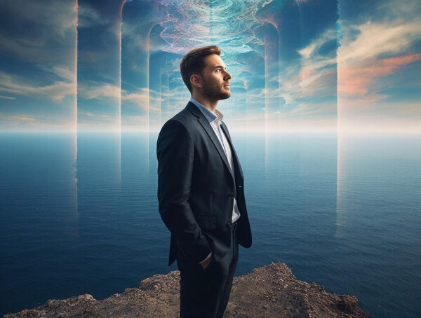 Мужчина в костюме на фоне моря, стоящий на скале, под загадочными арками из облаков.