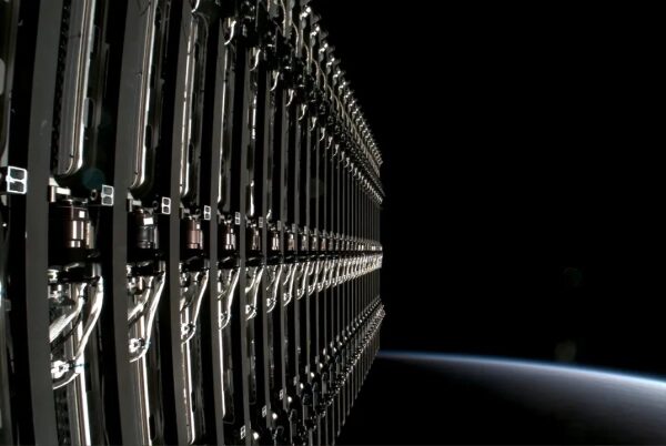 Спутники в космосе на фоне Земли и черного неба.