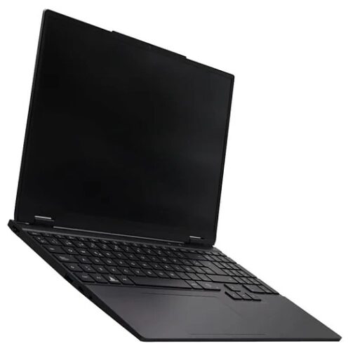 Ноутбук с открытым экраном и клавиатурой, черный дизайн, вид сбоку.