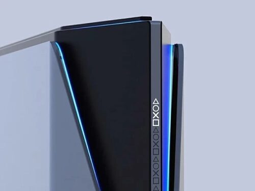 Игровая консоль с LED-подсветкой и символами на черном корпусе.