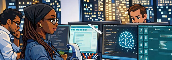 Команда программистов работает над проектами в офисе, экраны с кодом и графикой.