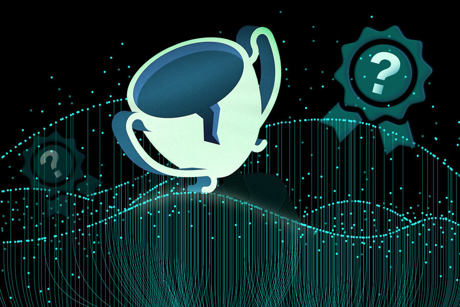 Абстрактное изображение вершины с трофеем и вопросительным знаком, символизирующее успех и загадку.