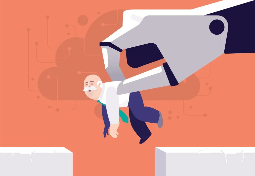 Роботизированная рука держит человека над пропастью, фон с элементами схемы.