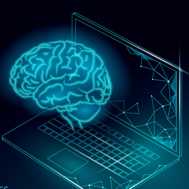 STAT+: Интерфейс «мозг-компьютер» позволил людям с параличом печатать силой мысли. 3 Голограмма мозга над ноутбуком, концепция искусственного интеллекта.