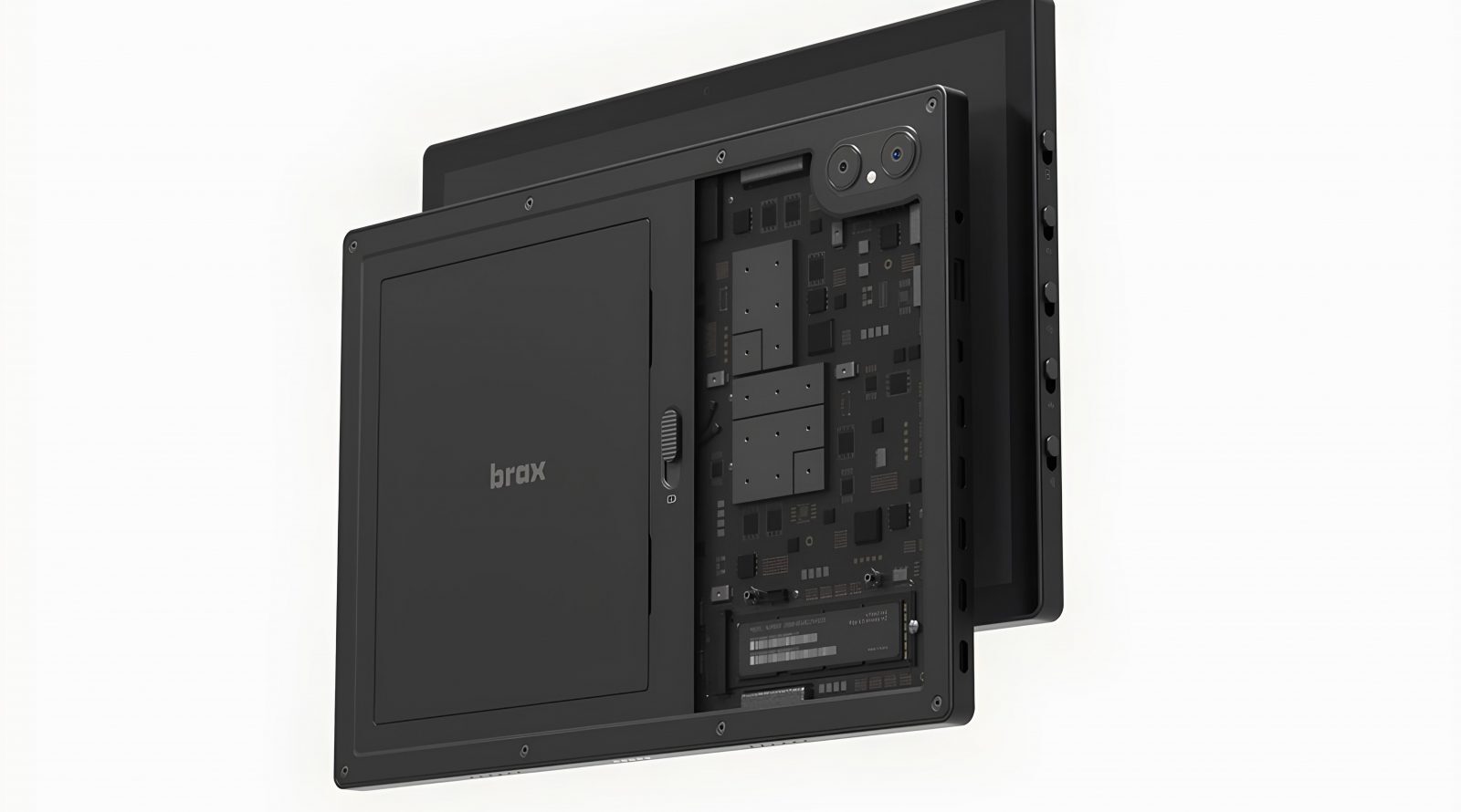Черный передний панельный компьютер Brax с открытым корпусом и видимой электроникой.