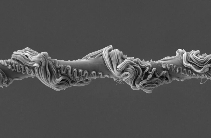 Расплетённая нитка под микроскопом, серый фон, макросъёмка текстуры.