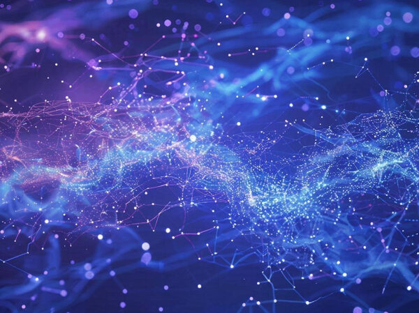 Цифровая абстракция: светящиеся линии и точки на фоне в синевато-фиолетовой гамме.