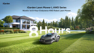 Робот-газонокосилка iGarden L AWD, 8 часов работы, на зелёной лужайке у дома.