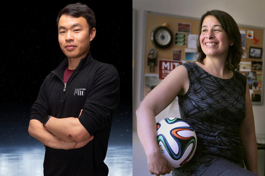 Два человека: один в черной одежде с логотипом, другая держит футбольный мяч в офисе.