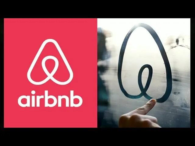 Логотип Airbnb на красном фоне и рисунок логотипа на стекле рукой.