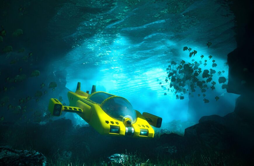 Желтая подводная лодка в океане среди рыб и камней.
