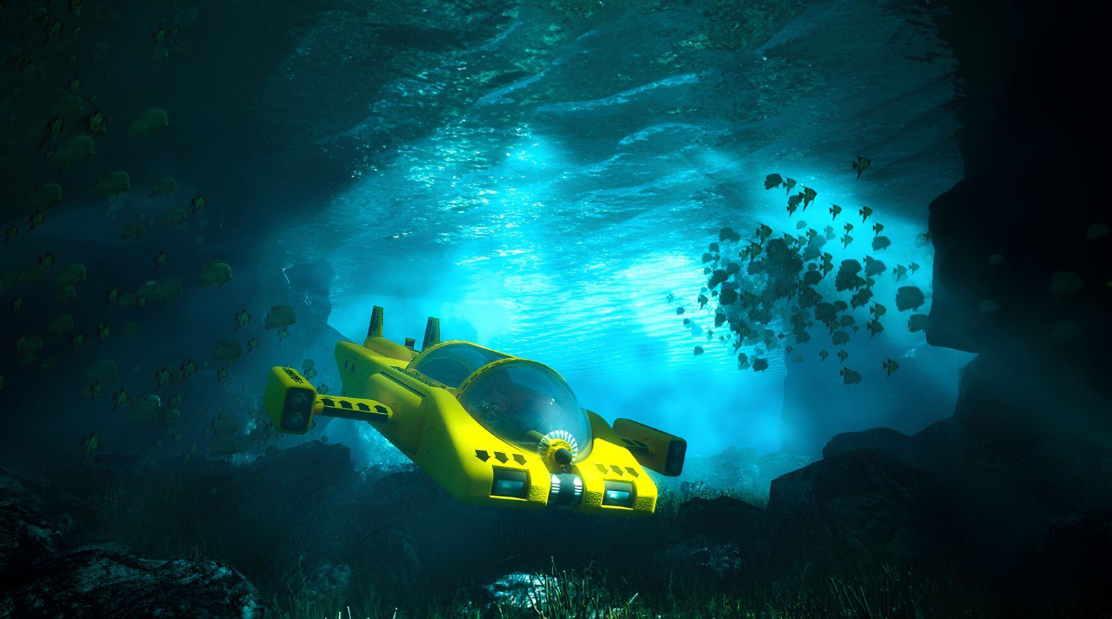 Желтая подводная лодка в океане среди рыб и камней.