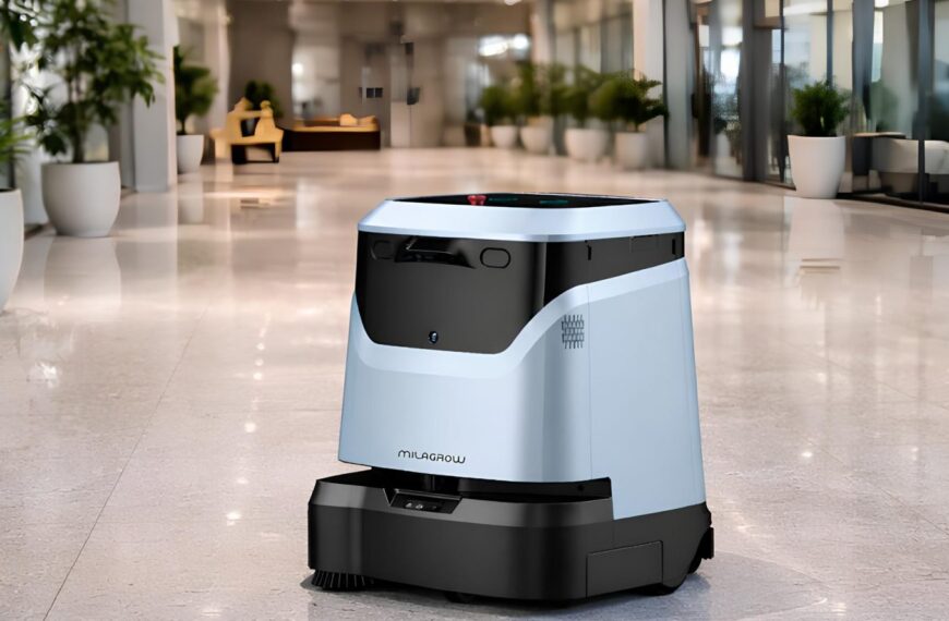Робот-уборщик в современном интерьере с растениями и мебелью на фоне.
