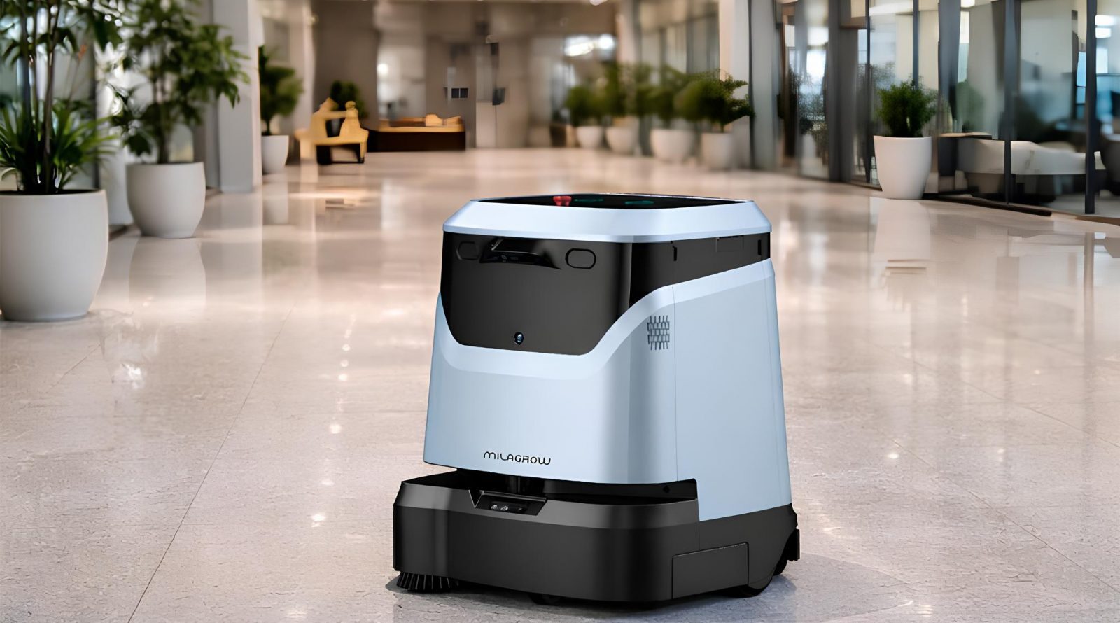 Milagrow Spaze: автономная система уборки 3 Робот-уборщик в современном интерьере с растениями и мебелью на фоне.
