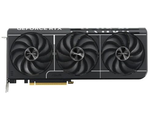 Видеокарта ASUS GeForce RTX с тремя вентиляторами, вид сбоку.