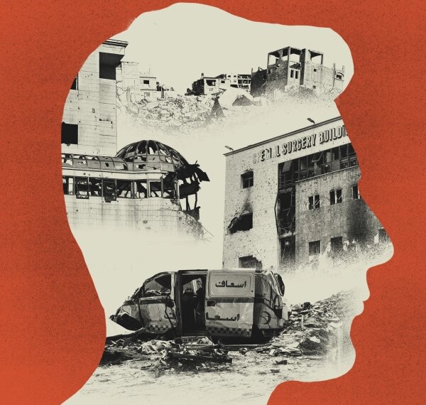 Силуэт профиля с изображением разрушенного города на фоне оранжевого.