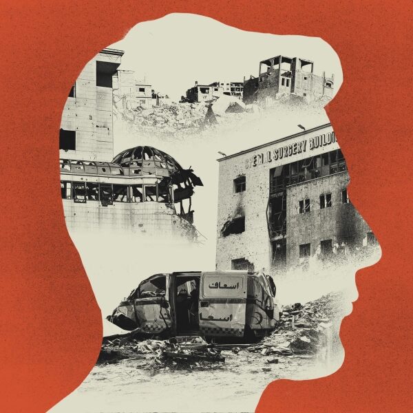 Силуэт профиля с изображением разрушенного города на фоне оранжевого.