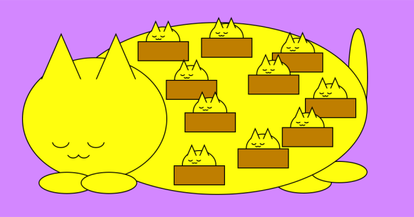 Желтый рисунок кота с маленькими котятами на фиолетовом фоне, похожими на почтовые ящики.