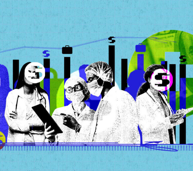 Коллаж: медработники и графики на фоне, концепция роста медицины и технологий.