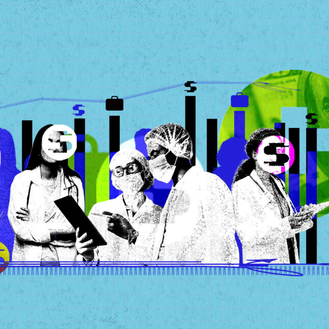 Коллаж: медработники и графики на фоне, концепция роста медицины и технологий.