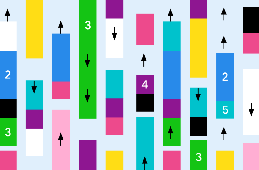 Цветной узор с номерами и стрелками на разноцветных полосах.