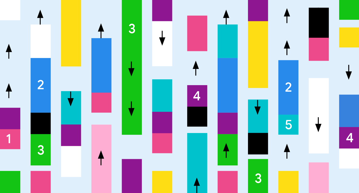 Цветной узор с номерами и стрелками на разноцветных полосах.