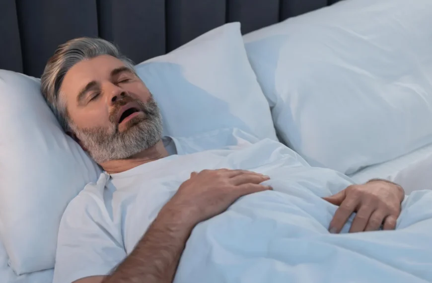 Мужчина отдыхает в кровати, накрытый белым одеялом, лежит на подушке в спальне.