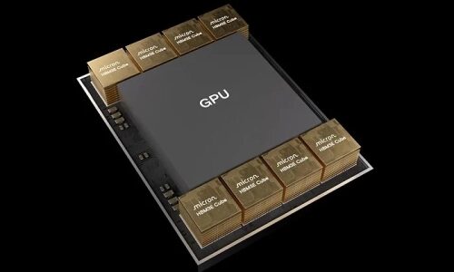 Изображение графического процессора (GPU) с микрокубами памяти на черном фоне.