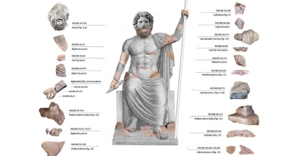 Реконструкция древней статуи, части которой представлены рядом с изображением.