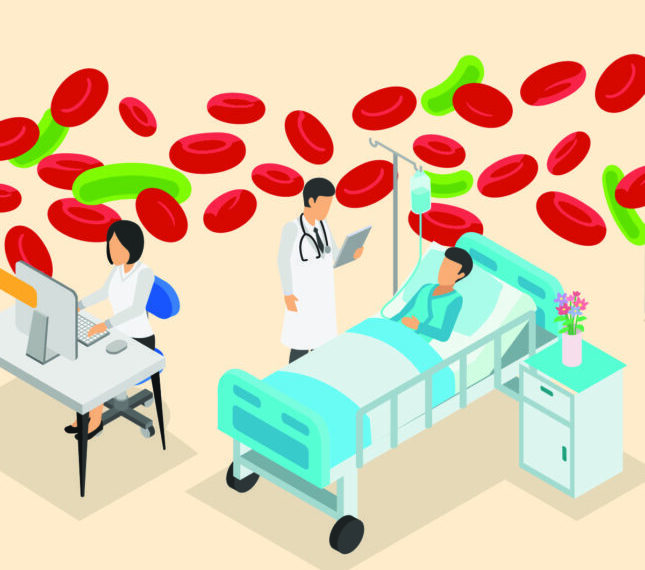 Больничная палата, доктор с больным, красные и зеленые клетки на фоне, иллюстрация.