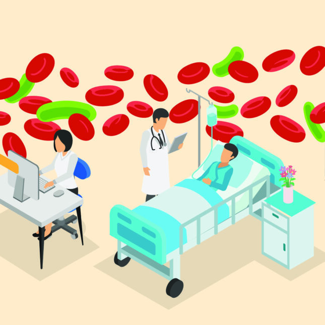 Больничная палата, доктор с больным, красные и зеленые клетки на фоне, иллюстрация.