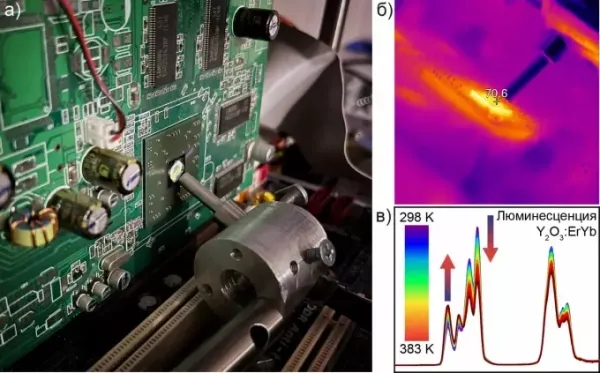 Плата с температурными измерениями и графиком люминесценции для научного анализа.