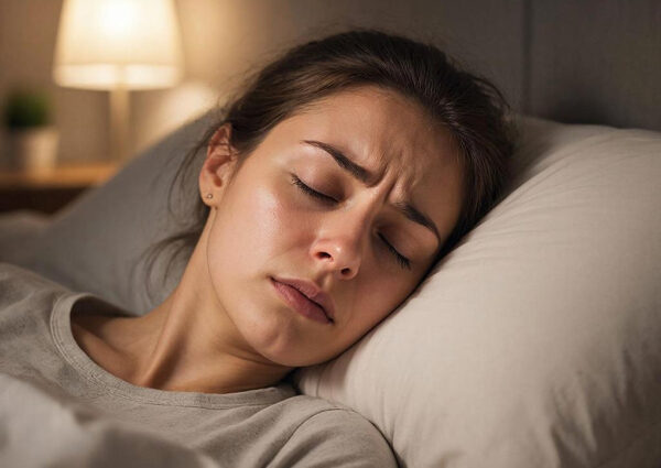 Женщина спит на белой подушке в мягком освещении, выражение лица беспокойное.