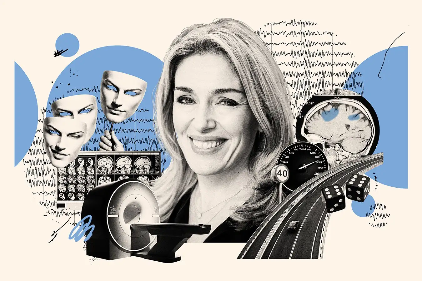 Коллаж: МРТ, мозг, дорога, кубики и приборы на фоне графиков.