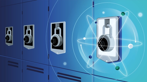 Шкафчики с замками и цифровыми элементами, символизирующие безопасность и технологию.