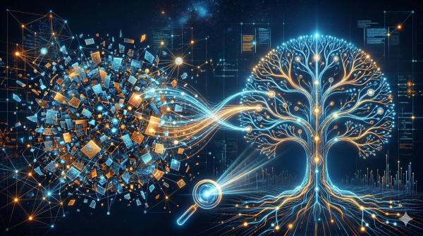 Цифровое дерево и поток данных, символизирующие анализ больших данных и технологии.