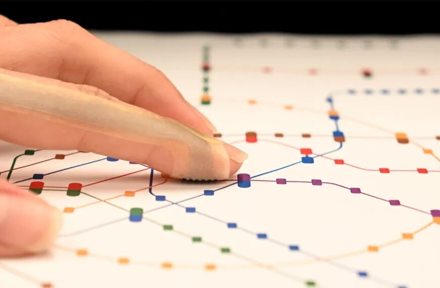 Пальцы на тактильной карте метро с цветными маршрутами.