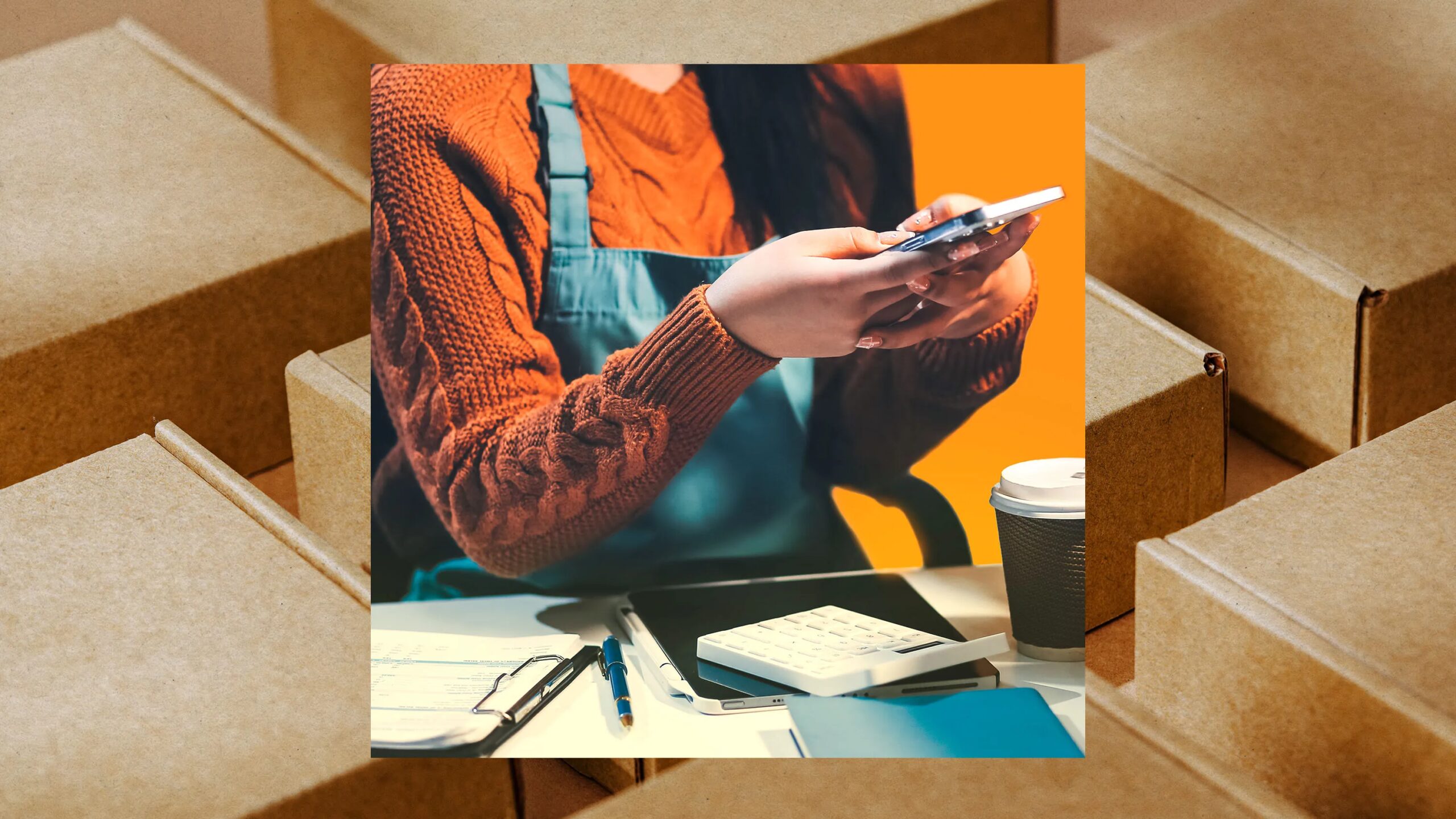 Женщина в свитере с телефоном, стол с калькулятором и бумагами, кофейный стакан.