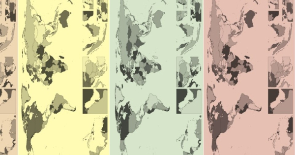 Три карты мира в разных цветах: жёлтый, зелёный, розовый. Страны выделены тёмными тонами.
