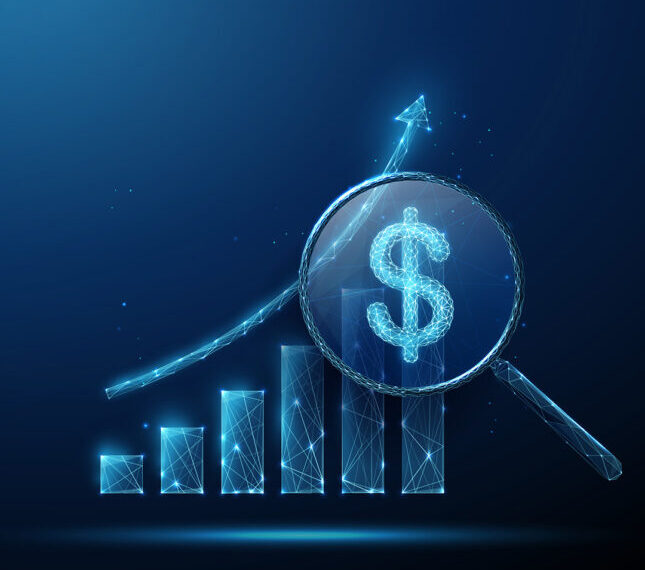 Диаграмма роста прибылей с увеличительным стеклом и долларом на фоне.