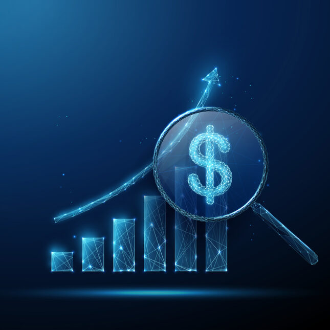 Диаграмма роста прибылей с увеличительным стеклом и долларом на фоне.
