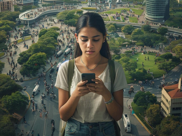 Девушка с телефоном на фоне городского парка, люди гуляют среди зелени и дорог.