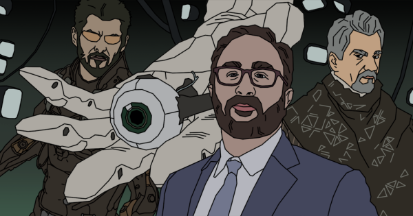 Три человека на фоне футуристического робота в темных костюмах и военной экипировке.