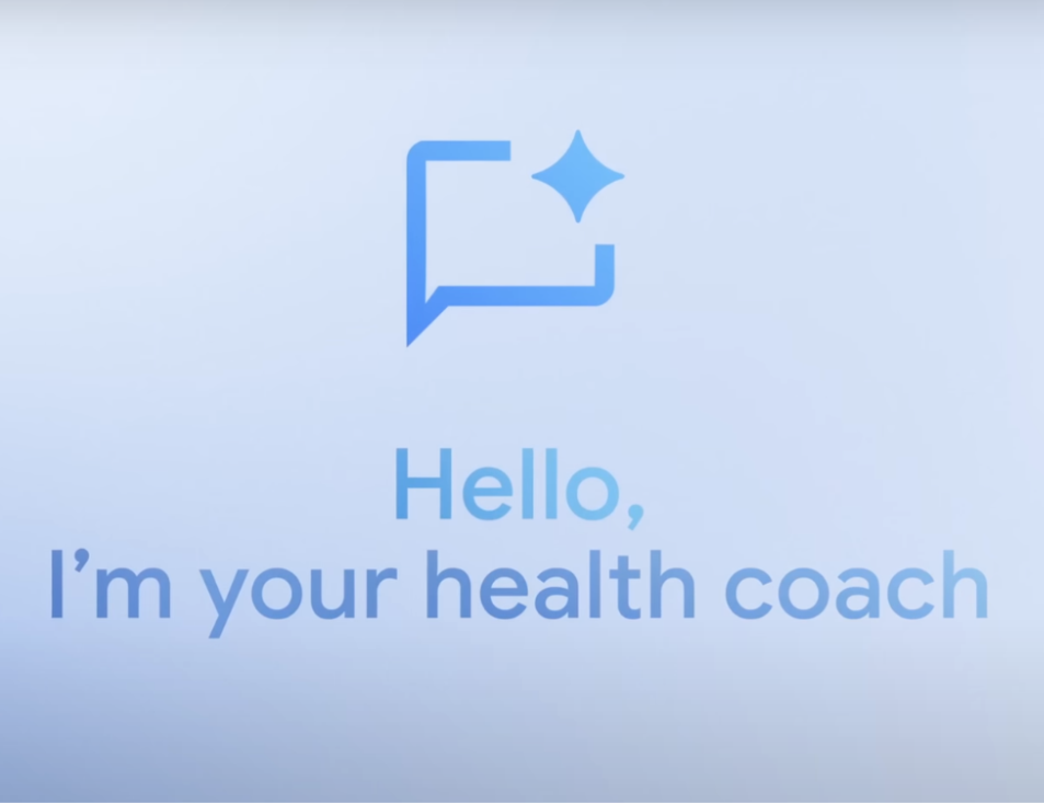 На изображении текст: "Hello, I'm your health coach" с иконкой разговора на голубом фоне.