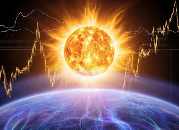 Солнце над Землей с графиками, отражающими солнечную активность и влияние на атмосферу.