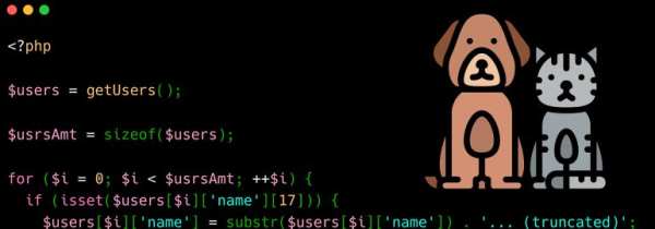 PHP-код с изображением собаки и кошки на черном фоне.