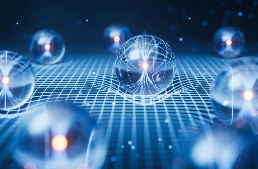 Квантовые сферы на сетке, иллюстрация концепции науки и физики, футуристический дизайн.