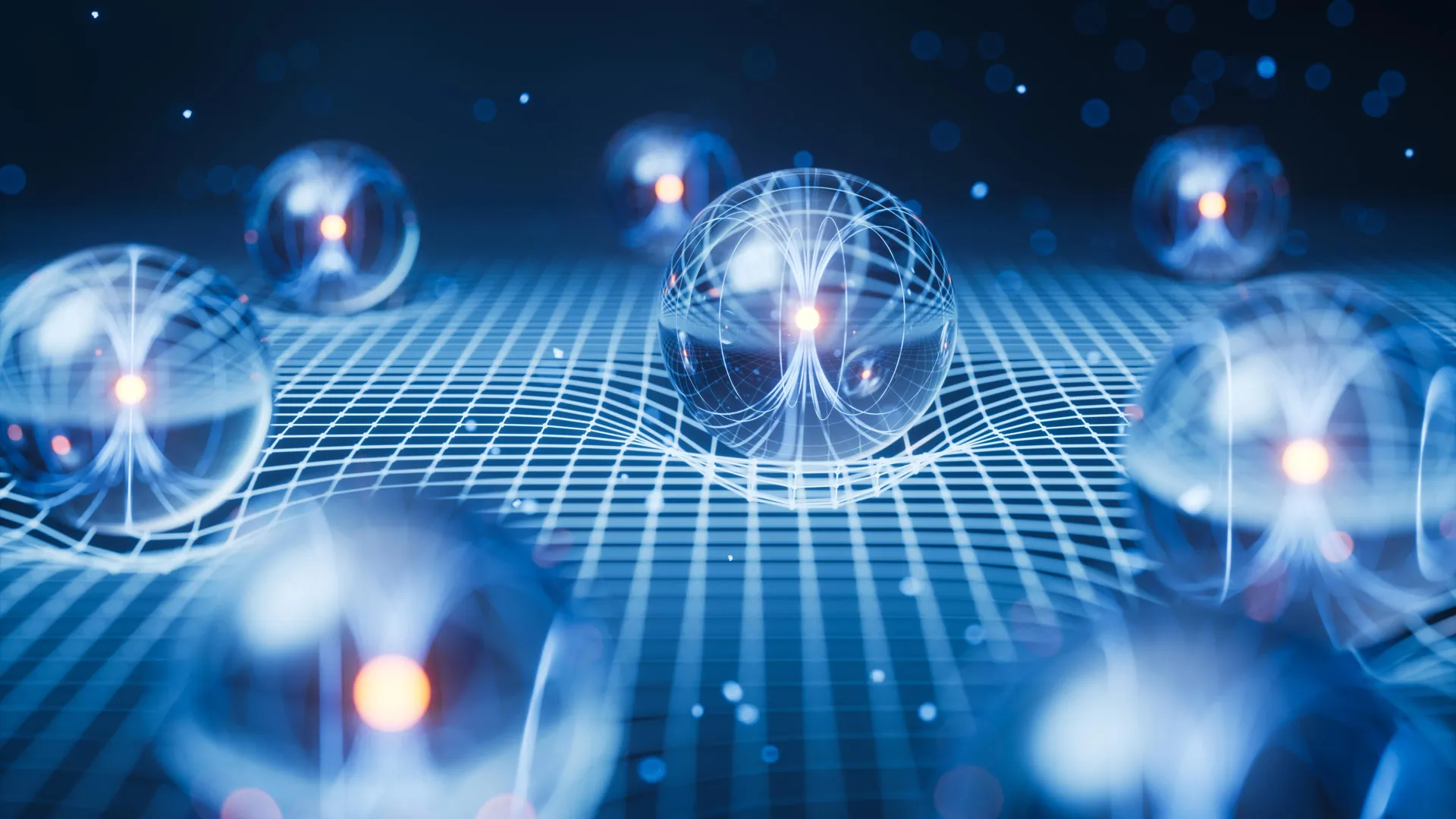 Квантовые сферы на сетке, иллюстрация концепции науки и физики, футуристический дизайн.