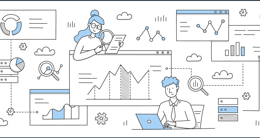 Данные и аналитика: люди изучают графики и статистику. Работа в офисе с отчетами.