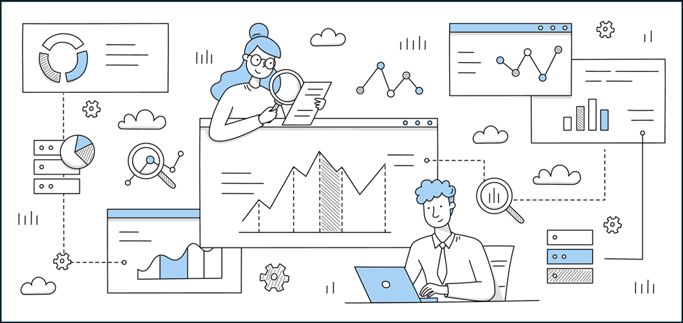 Данные и аналитика: люди изучают графики и статистику. Работа в офисе с отчетами.